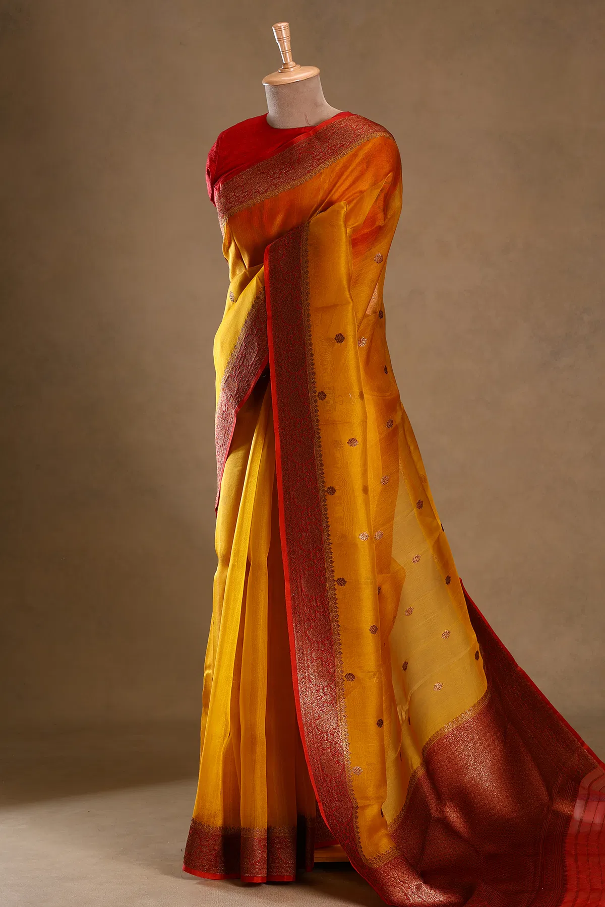 golden yellow zari woven banarasi organza saree